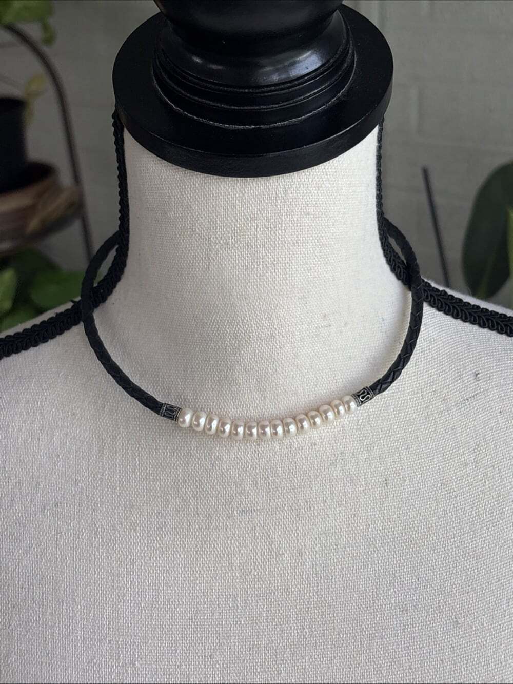 Cultured Freshwater Pearl Leather Braided Collar Necklace Sterling 7mm 16-18"
